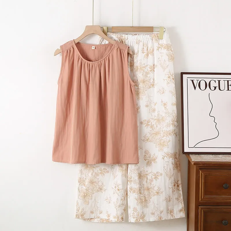 Elegantes Loungewear-Set aus doppellagiger Baumwollgaze mit Blumenmuster