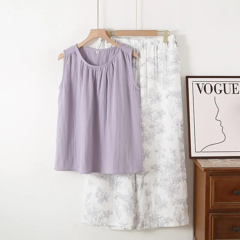 Elegantes Loungewear-Set aus doppellagiger Baumwollgaze mit Blumenmuster