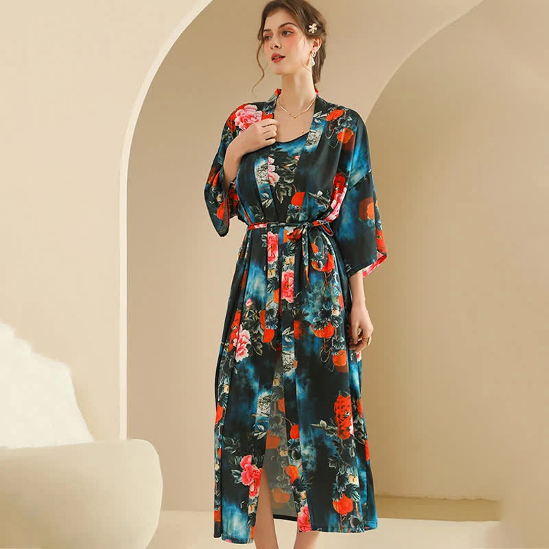 Luxuriöses Bademantel-Set im Pfingstrosen-Kimono-Stil