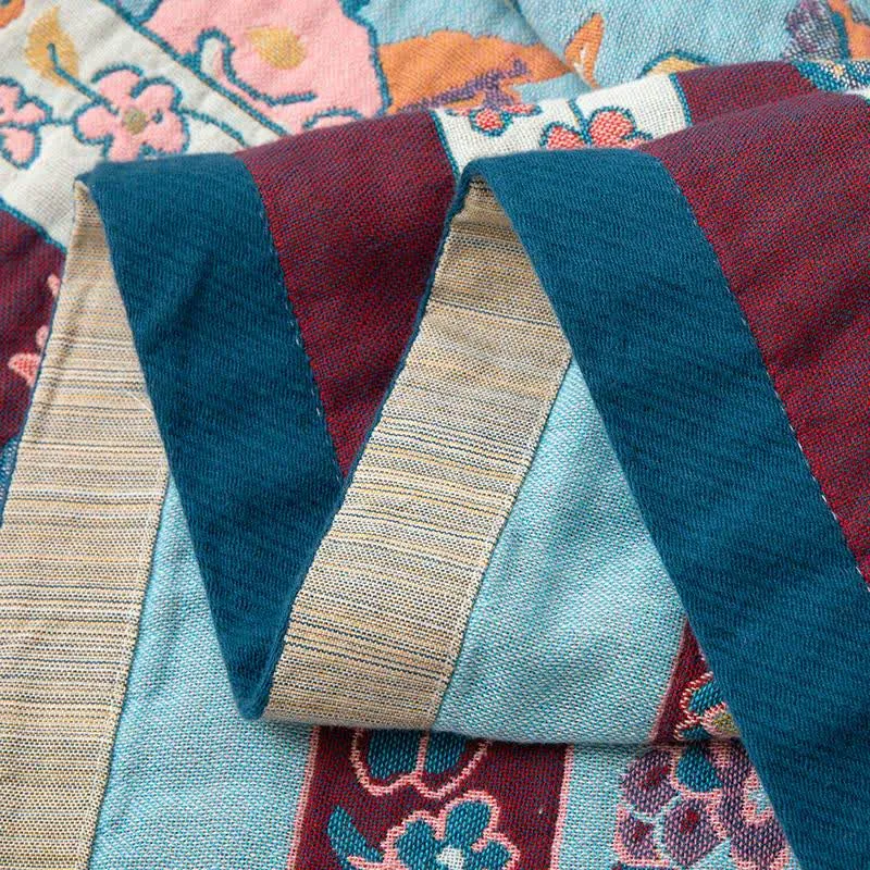 Blaue Steppdecke aus Baumwollgaze mit Blumenmuster