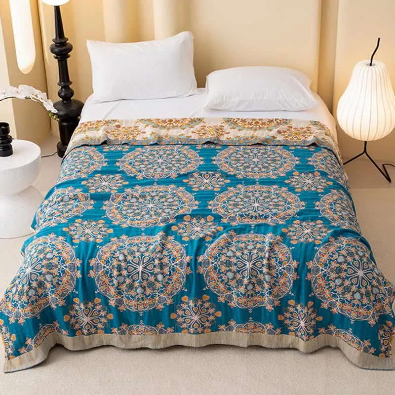 Exotische Vintage-Steppdecke aus Baumwollgaze mit Blumenmuster