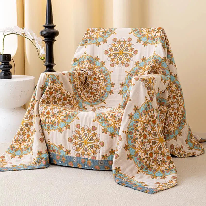 Exotische Vintage-Steppdecke aus Baumwollgaze mit Blumenmuster