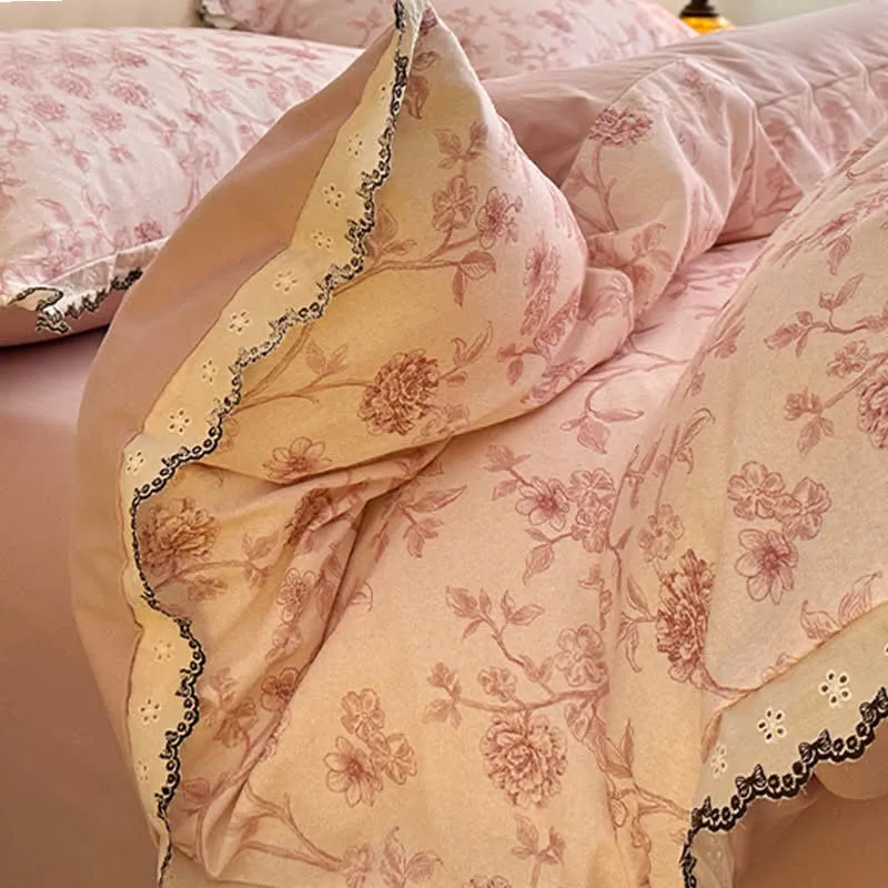 Vintage Bettwäsche-Set aus Baumwollspitze mit Blumenmuster