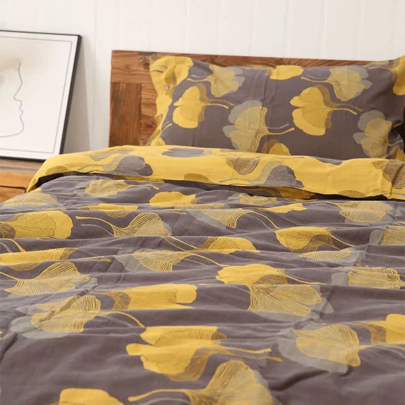 Wende-Bettwäscheset aus Baumwolle mit Ginkgoblättern (4-teilig)