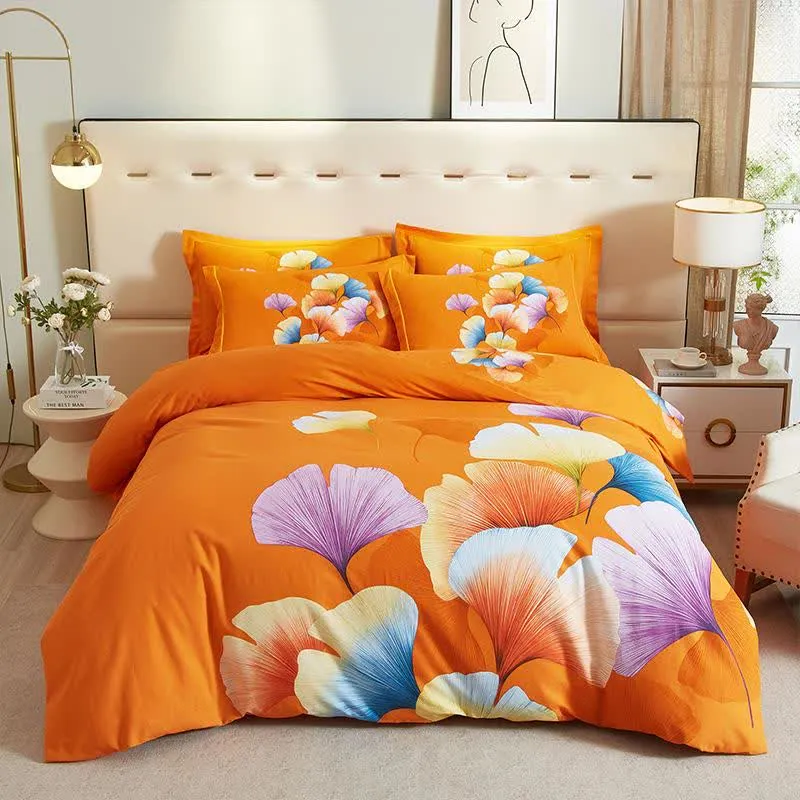 Bettwäsche aus gebürsteter Baumwolle mit orangefarbenem Ginkgoblatt (4-teilig)