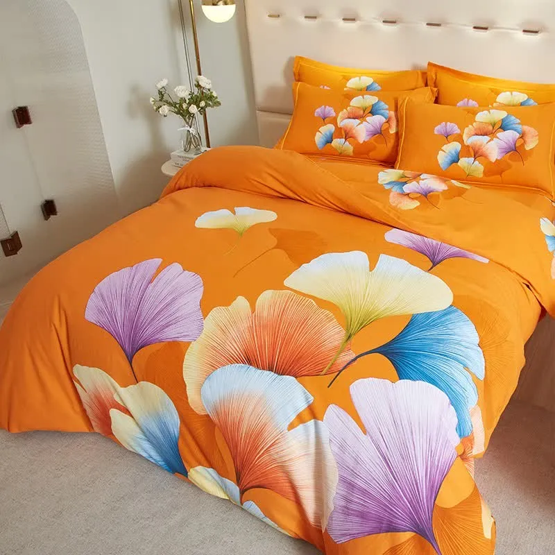 Bettwäsche aus gebürsteter Baumwolle mit orangefarbenem Ginkgoblatt (4-teilig)