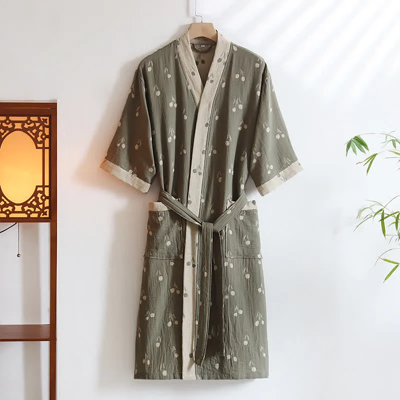 Unisex-Kimono-Bademantel aus Baumwolle mit Tulpenmuster und Tasche