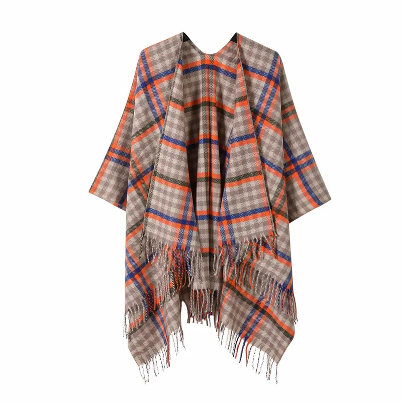 Vintage Kariertes Reise-Schal-Cape mit Quaste