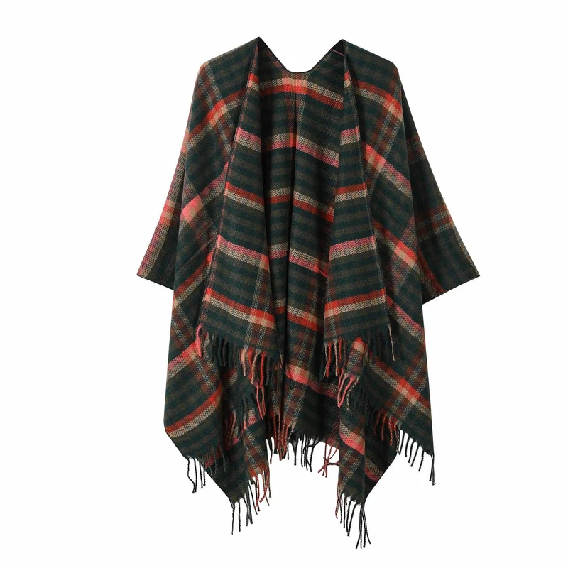 Vintage Kariertes Reise-Schal-Cape mit Quaste