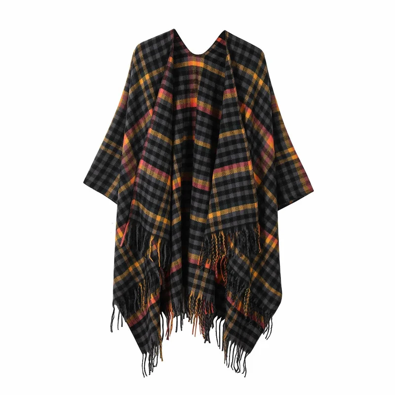 Vintage Kariertes Reise-Schal-Cape mit Quaste
