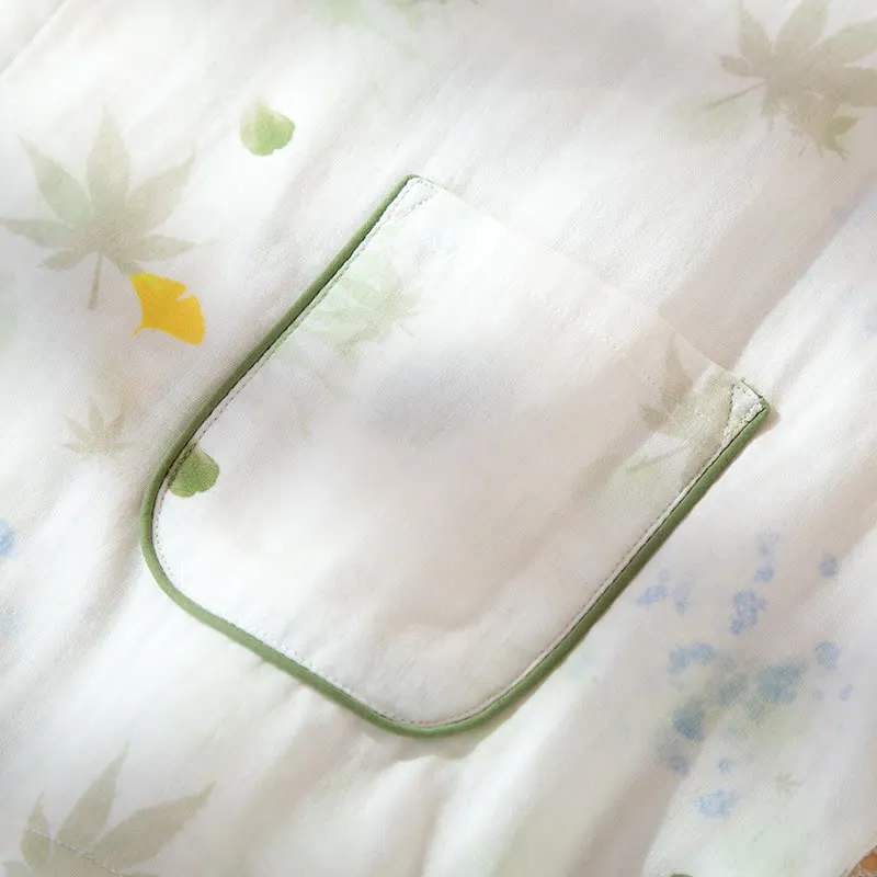 Verstellbares Pyjama-Set aus Baumwollgaze mit Blattmuster und Kimono