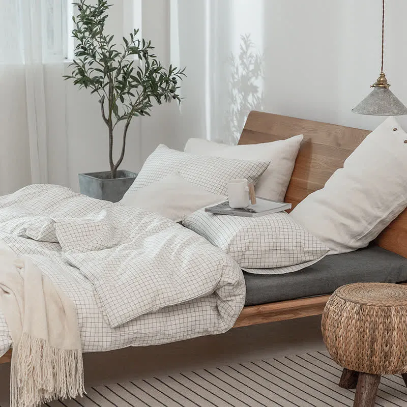 Minimalistisches Gittermuster-Bettwäscheset aus Baumwolle für Schlafsäle