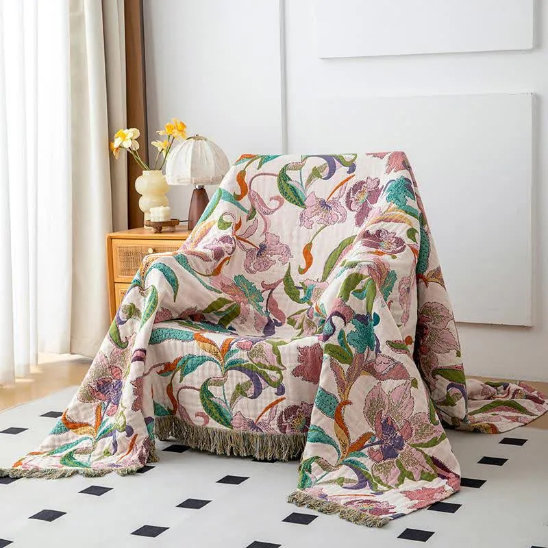 Sofadecke aus Baumwollgaze mit Blumenranken und Quasten