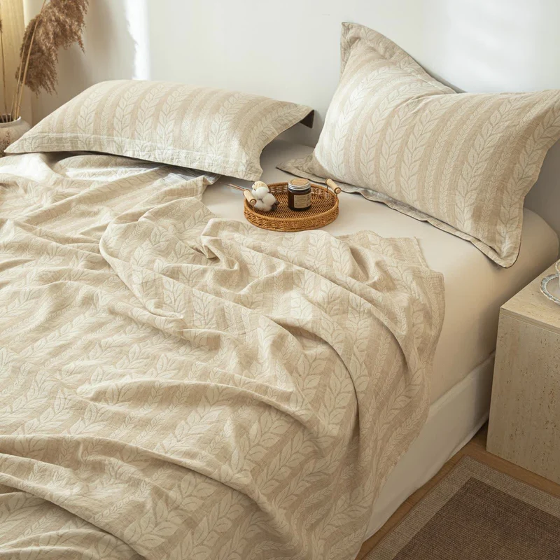 Tagesdecke aus Baumwollleinen mit Weizenstruktur in Beige