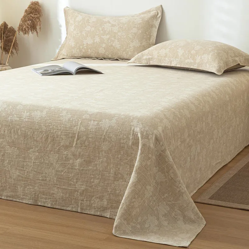 Beige Tagesdecke aus Baumwollleinen mit Blumenmuster