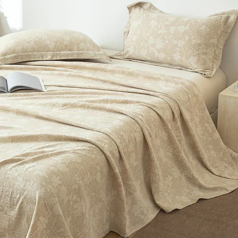 Beige Tagesdecke aus Baumwollleinen mit Blumenmuster