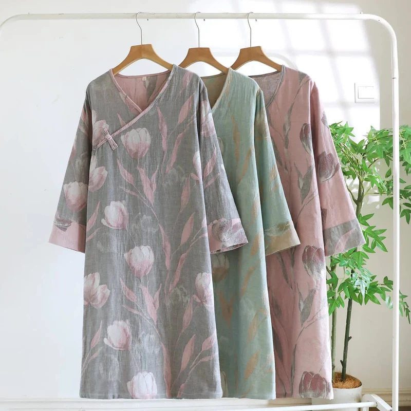 Tulip Nachthemd aus natürlichem Baumwollgaze-Jacquard