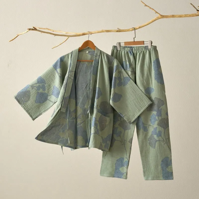 Ginkgoblatt-Kimono aus Bio-Baumwolle, Loungewear