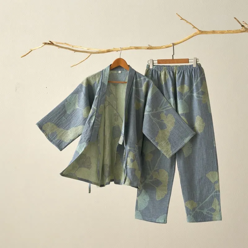 Ginkgoblatt-Kimono aus Bio-Baumwolle, Loungewear