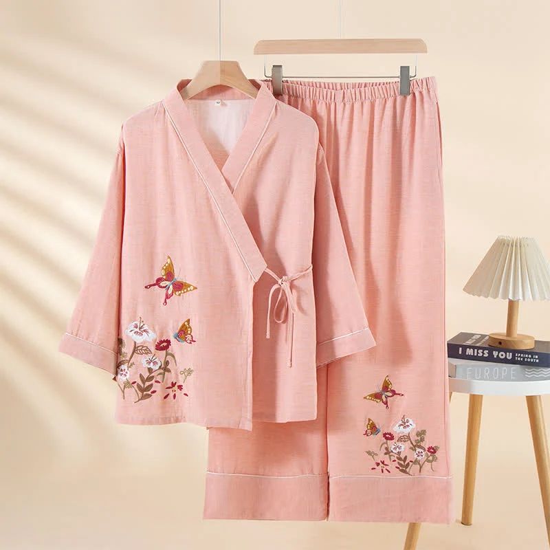 Kimono-Loungewear-Set mit Schmetterlings- und Blumenstickerei