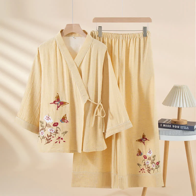 Kimono-Loungewear-Set mit Schmetterlings- und Blumenstickerei