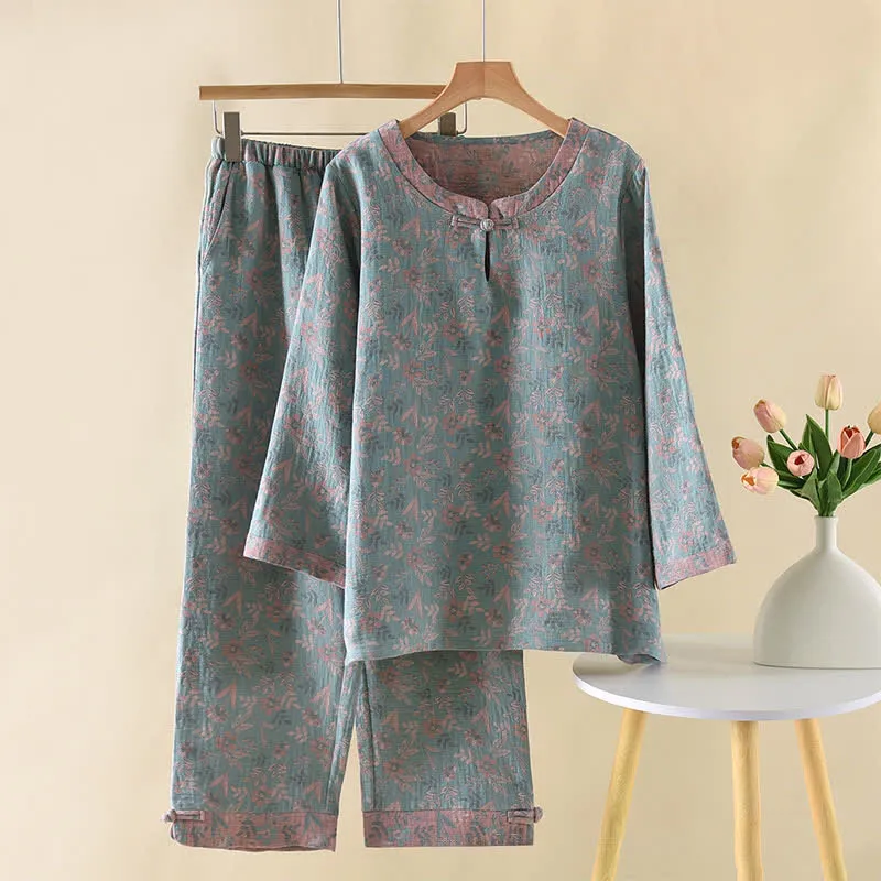 Vintage Baumwoll-Pyjama mit botanischem Print und langen Ärmeln