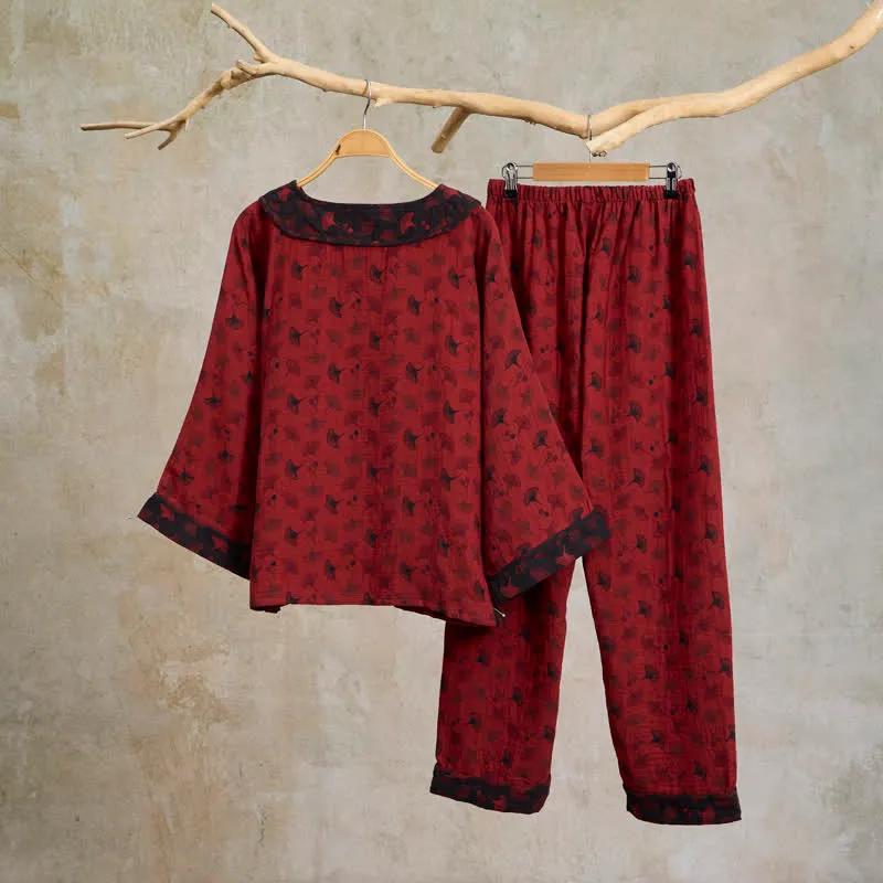 Ginkgoblatt-Baumwollpyjama mit orientalischen Quasten