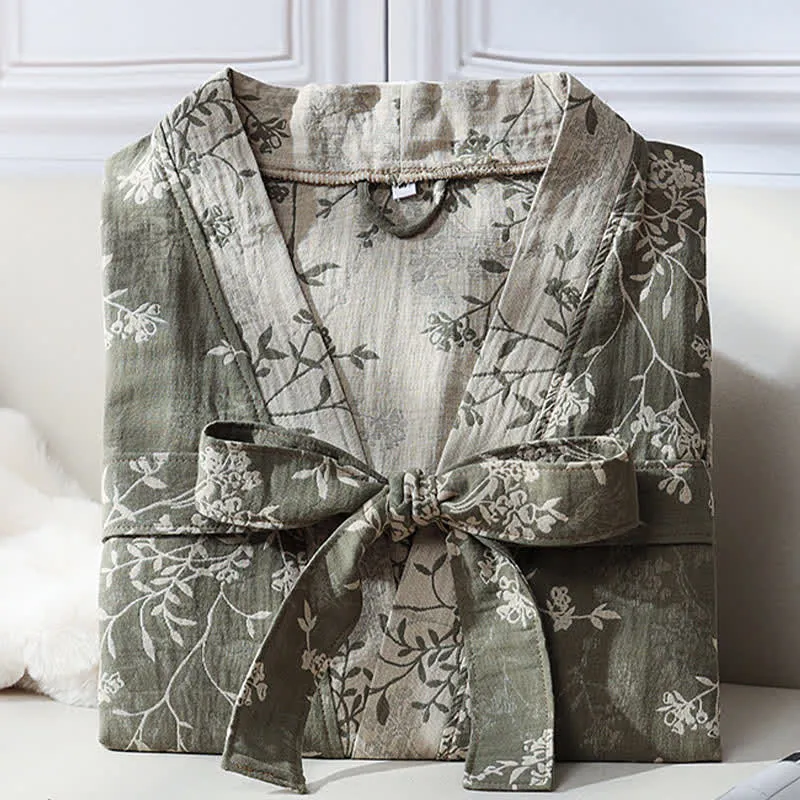 Bademantel aus Baumwollgaze-Jacquard im Vintage-Kimono mit Blumenmuster