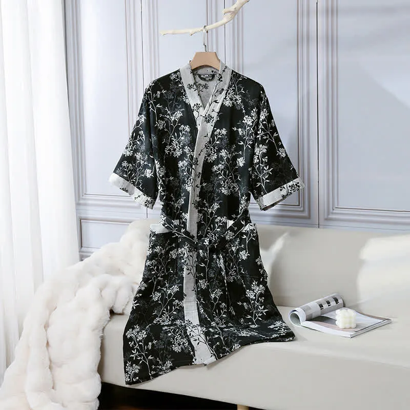 Bademantel aus Baumwollgaze-Jacquard im Vintage-Kimono mit Blumenmuster