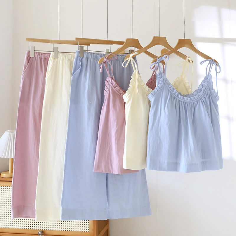 Einfarbiger Rüschen-Baumwollpyjama mit Camisole