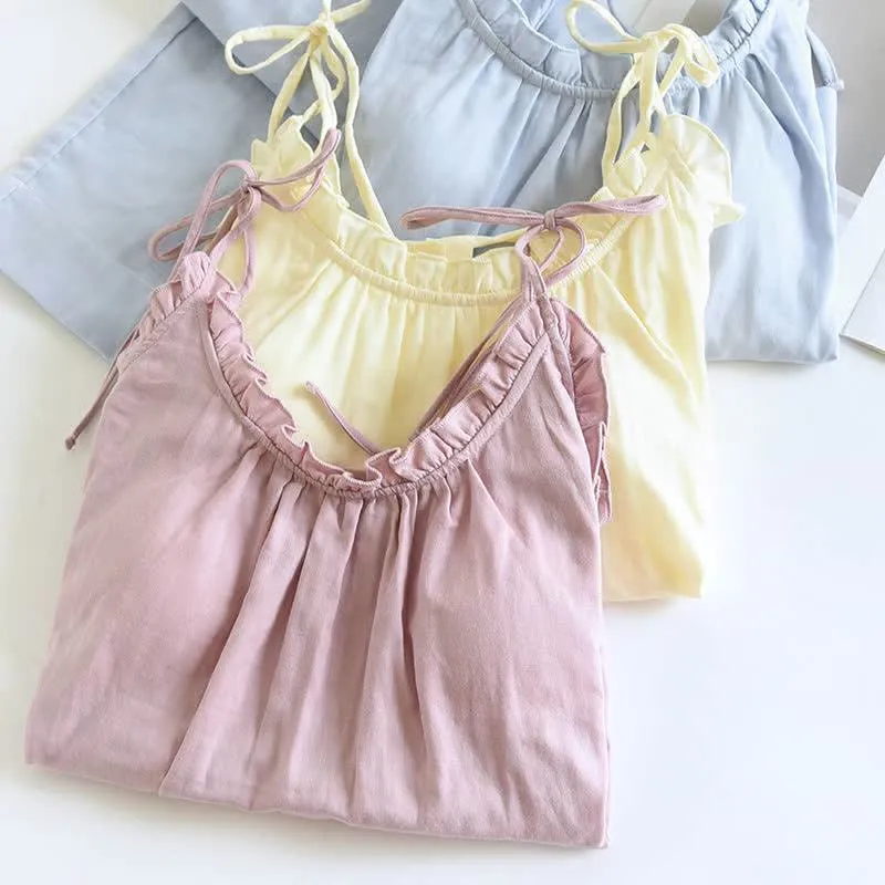 Einfarbiger Rüschen-Baumwollpyjama mit Camisole