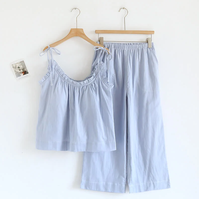 Einfarbiger Rüschen-Baumwollpyjama mit Camisole