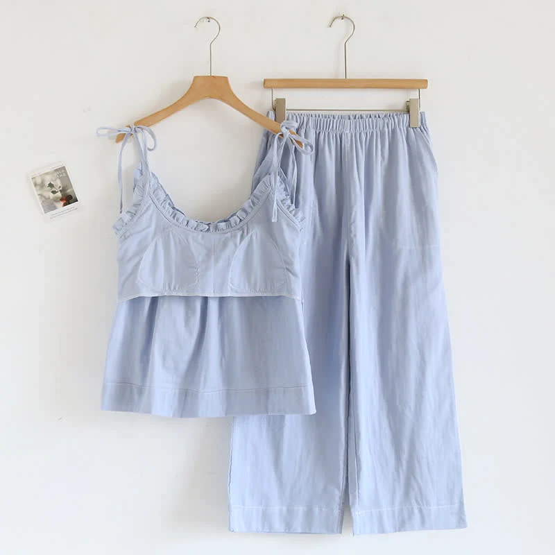 Einfarbiger Rüschen-Baumwollpyjama mit Camisole