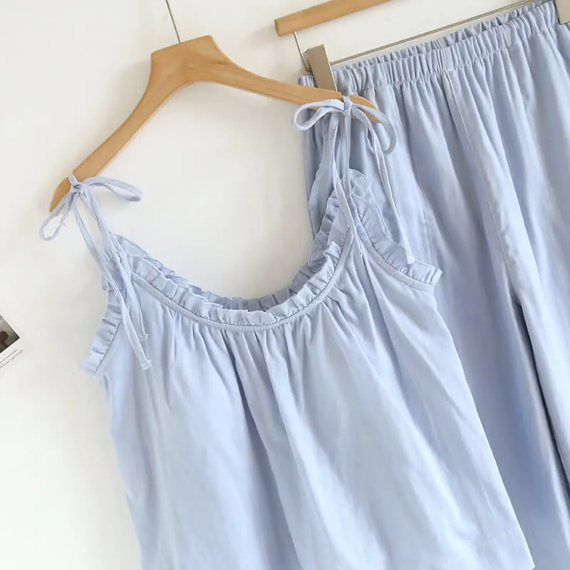 Einfarbiger Rüschen-Baumwollpyjama mit Camisole