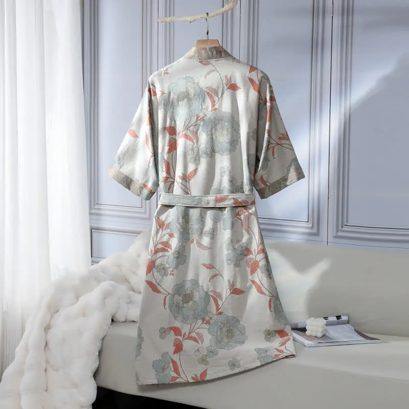 Unisex Bademantel aus Baumwollgaze, blau-pfingstrosenfarben
