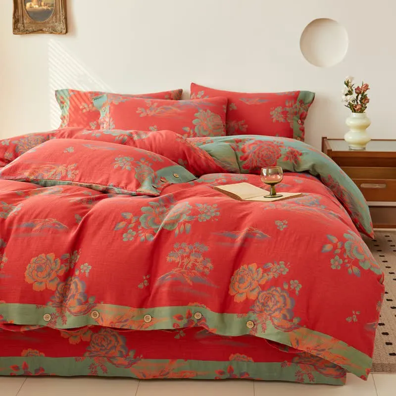 Luxuriöse Bettwäsche aus Baumwollgaze im Jacquard-Stil mit Pfingstrosenmotiv