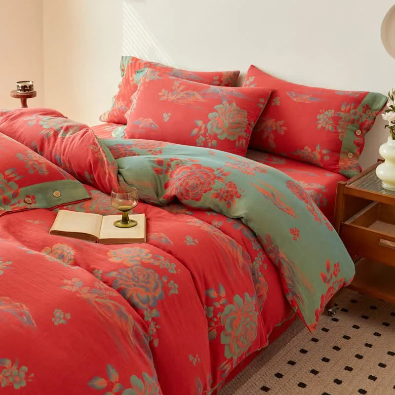 Luxuriöse Bettwäsche aus Baumwollgaze im Jacquard-Stil mit Pfingstrosenmotiv