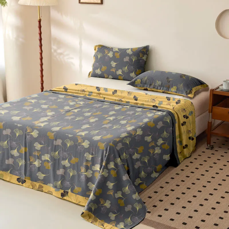 Wendbare Tagesdecke aus Baumwollgaze-Jacquard „Ginkgo“