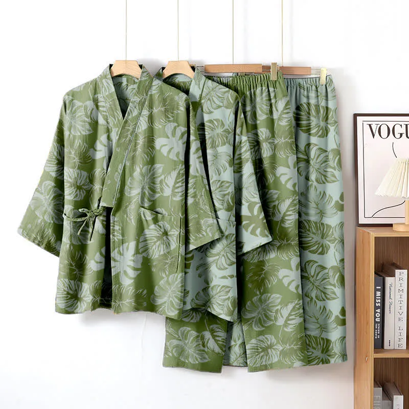 Monstera Kimono-Loungewear-Set aus Baumwollgaze