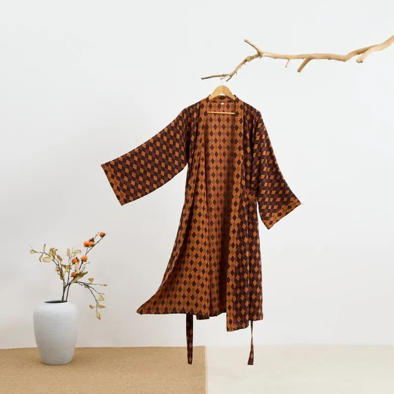 Kimono-Bademantel aus Baumwollgaze mit Rautenmuster
