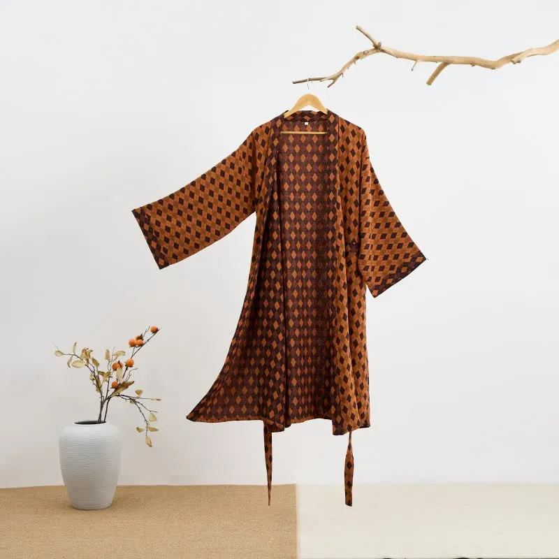 Kimono-Bademantel aus Baumwollgaze mit Rautenmuster
