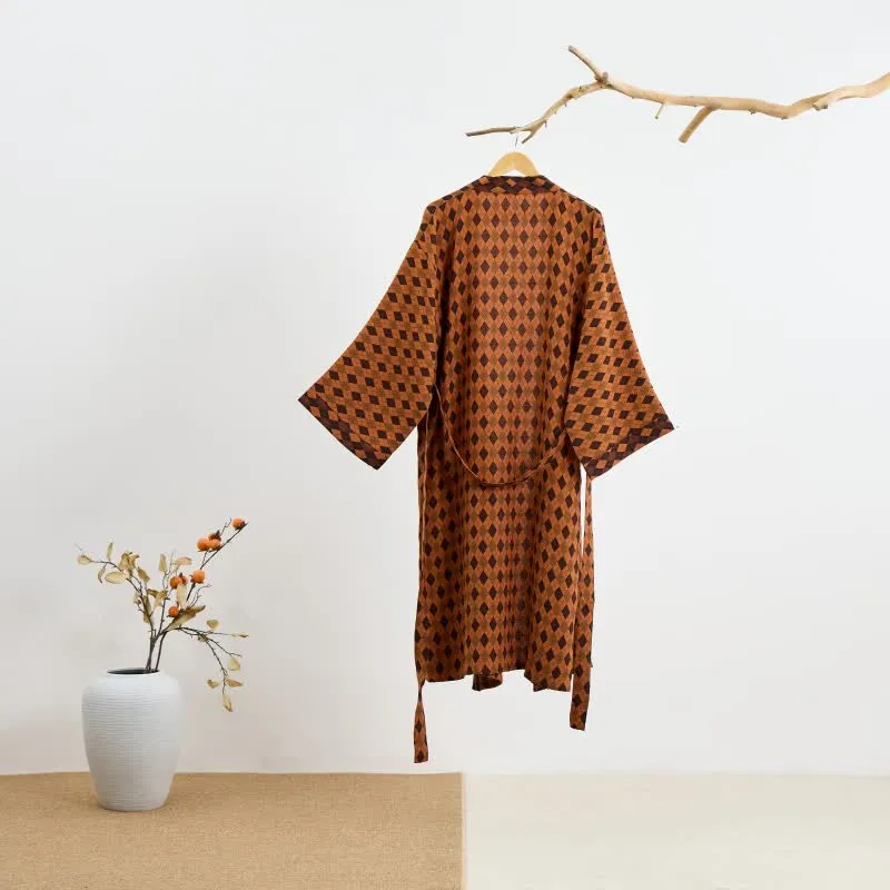 Kimono-Bademantel aus Baumwollgaze mit Rautenmuster