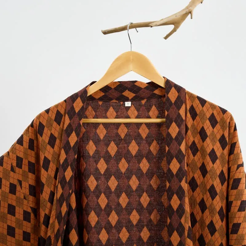 Kimono-Bademantel aus Baumwollgaze mit Rautenmuster