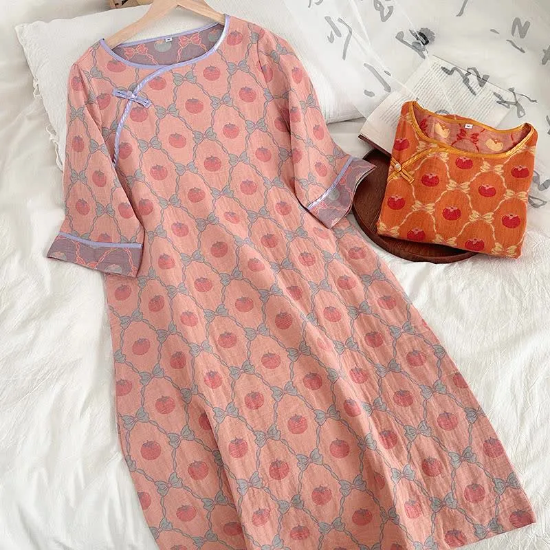 Nachthemd aus Baumwollgaze-Jacquard mit persimmonfarbener Schleife