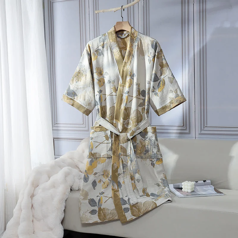 Unisex gelber Bademantel aus Baumwollgaze mit Blumenmuster