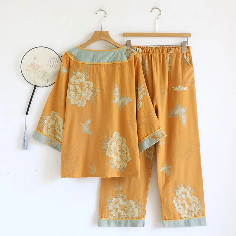 Pyjama aus Baumwollgaze mit Pfingstrosen- und Schmetterlingsmuster (Jacquard)