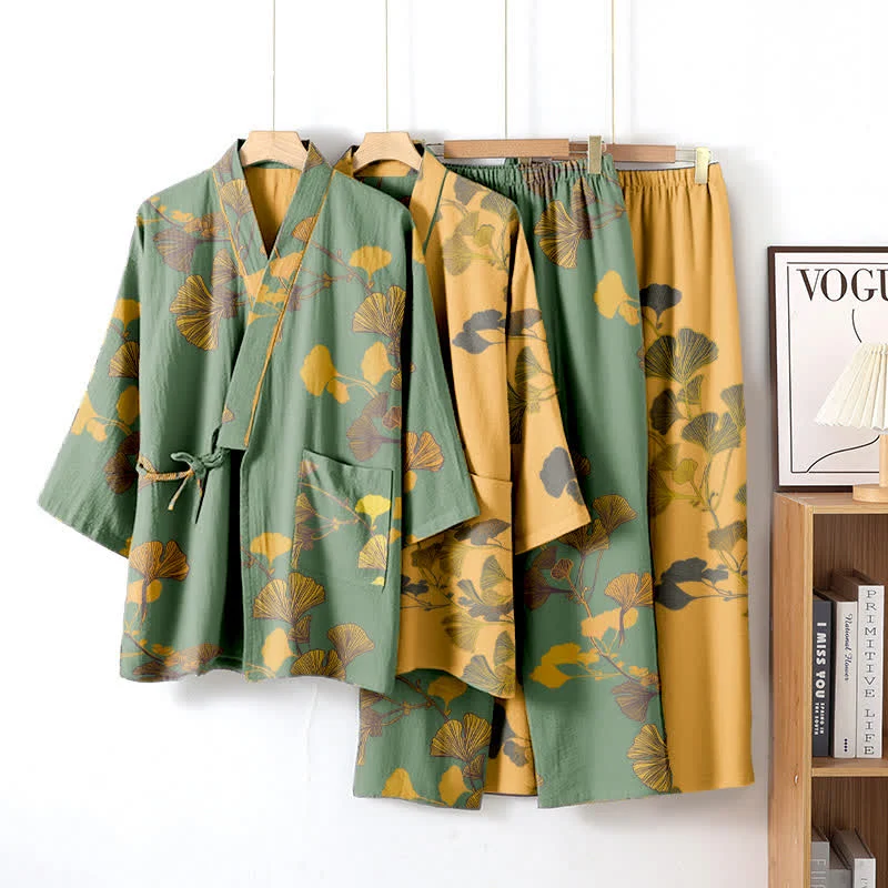 Großer Kimono-Pyjama aus Baumwolle mit Ginkgoblättern