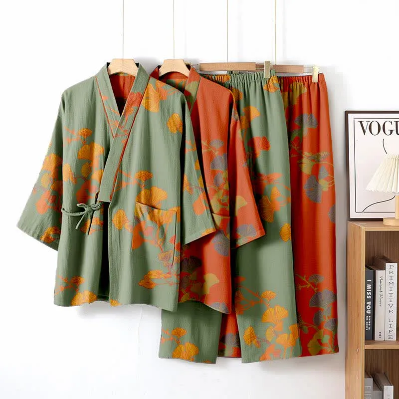 Großer Kimono-Pyjama aus Baumwolle mit Ginkgoblättern