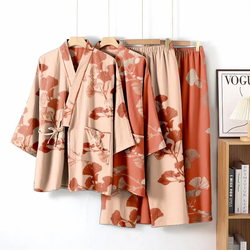 Großer Kimono-Pyjama aus Baumwolle mit Ginkgoblättern