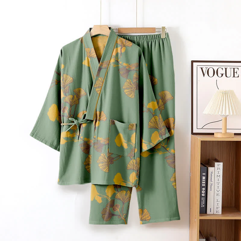 Großer Kimono-Pyjama aus Baumwolle mit Ginkgoblättern
